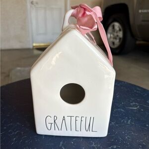 Rae Dunn White Birdhouse with Pink Ribbon